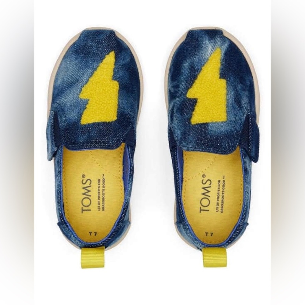 NEW in Box TOMS Toddler 5 Kids Denim Slip-On Shoes with Yellow Lightning Accent